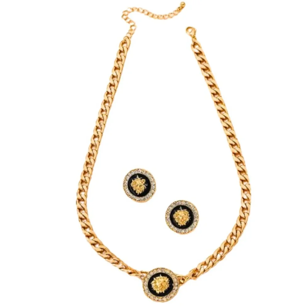 NWT Gold & Black Lion Head Rhinestone Chain Link Choker Necklace & Earrings Set - Picture 2 of 6